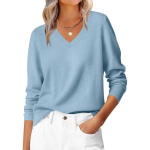 image:imageANRABESS Womens Long Sleeve V Neck Sweaters 2025 Fall Casual Classic Soft Loose Fit Basic Pullover Jumper TopLight Blue