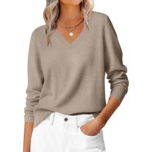 image:imageANRABESS Womens Long Sleeve V Neck Sweaters 2025 Fall Casual Classic Soft Loose Fit Basic Pullover Jumper TopLight Camel