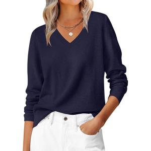 image:imageANRABESS Womens Long Sleeve V Neck Sweaters 2025 Fall Casual Classic Soft Loose Fit Basic Pullover Jumper TopNavy Blue