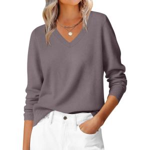 image:imageANRABESS Womens Long Sleeve V Neck Sweaters 2025 Fall Casual Classic Soft Loose Fit Basic Pullover Jumper TopNutmeg