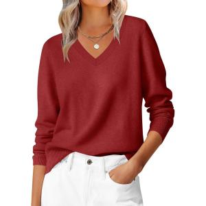image:imageANRABESS Womens Long Sleeve V Neck Sweaters 2025 Fall Casual Classic Soft Loose Fit Basic Pullover Jumper TopRed