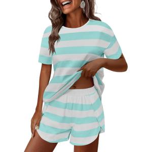 image:imageANRABESS Womens Striped Pajamas Sets 2026 Summer 2 Piece Lounge Matching Short PJ Set Side Split Spring Sleepwear OutfitsGreen White Wide Striped