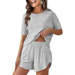 image:imageANRABESS Womens Striped Pajamas Sets 2026 Summer 2 Piece Lounge Matching Short PJ Set Side Split Spring Sleepwear OutfitsGrey White Striped