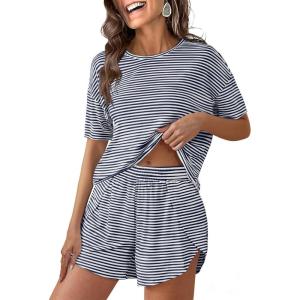 image:imageANRABESS Womens Striped Pajamas Sets 2026 Summer 2 Piece Lounge Matching Short PJ Set Side Split Spring Sleepwear OutfitsNavy Blue White Striped