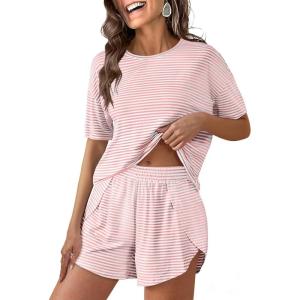 image:imageANRABESS Womens Striped Pajamas Sets 2026 Summer 2 Piece Lounge Matching Short PJ Set Side Split Spring Sleepwear OutfitsPink White Striped