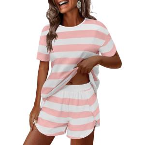 image:imageANRABESS Womens Striped Pajamas Sets 2026 Summer 2 Piece Lounge Matching Short PJ Set Side Split Spring Sleepwear OutfitsPink White Wide Striped