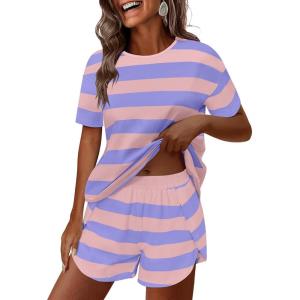 image:imageANRABESS Womens Striped Pajamas Sets 2026 Summer 2 Piece Lounge Matching Short PJ Set Side Split Spring Sleepwear OutfitsPurple Pink Wide Striped