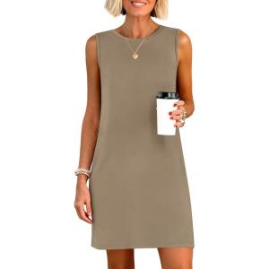 image:imageANRABESS Womens Summer Casual Mini Dresses 2026 Sleeveless Crewneck Split WrinkleFree Beach Travel Vacation Short SundressLight Brown