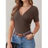 image:imageANRABESS Womens Tops Short Sleeve V Neck Sexy Ribbed Knit Slim Fit Lightweight Sweater 2026 Summer Dressy Casual TShirtsChocolate Brown