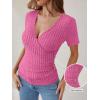 image:imageANRABESS Womens Tops Short Sleeve V Neck Sexy Ribbed Knit Slim Fit Lightweight Sweater 2026 Summer Dressy Casual TShirtsHot Pink