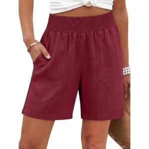image:imageANRABESS Linen Shorts for Women Casual Summer High Waisted Wide Leg Lounge Beach Vacation Shorts with Pockets 2026 SpringDeep Red