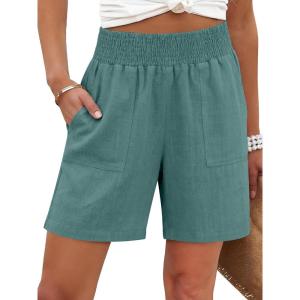 image:imageANRABESS Linen Shorts for Women Casual Summer High Waisted Wide Leg Lounge Beach Vacation Shorts with Pockets 2026 SpringLake Green