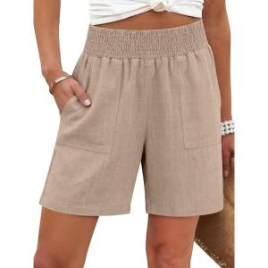 image:imageANRABESS Linen Shorts for Women Casual Summer High Waisted Wide Leg Lounge Beach Vacation Shorts with Pockets 2026 SpringLight Khaki