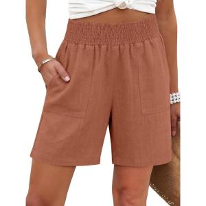 image:imageANRABESS Linen Shorts for Women Casual Summer High Waisted Wide Leg Lounge Beach Vacation Shorts with Pockets 2026 SpringRust Red