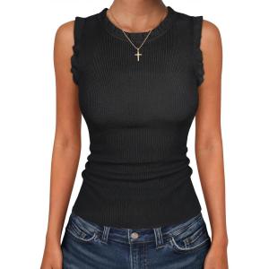 image:imageANRABESS Ribbed Tank Tops for Women Crew Neck Ruffle Sweater Vest Cute Sleeveless Shirts 2026 Summer Business Casual OutfitsBlack