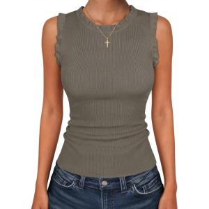 image:imageANRABESS Ribbed Tank Tops for Women Crew Neck Ruffle Sweater Vest Cute Sleeveless Shirts 2026 Summer Business Casual OutfitsCamel