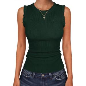 image:imageANRABESS Ribbed Tank Tops for Women Crew Neck Ruffle Sweater Vest Cute Sleeveless Shirts 2026 Summer Business Casual OutfitsDeep Green