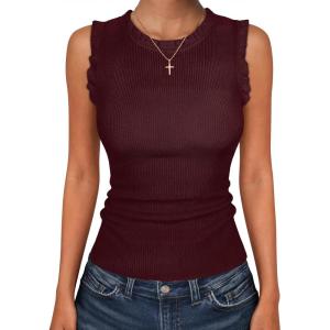 image:imageANRABESS Ribbed Tank Tops for Women Crew Neck Ruffle Sweater Vest Cute Sleeveless Shirts 2026 Summer Business Casual OutfitsDeep Red