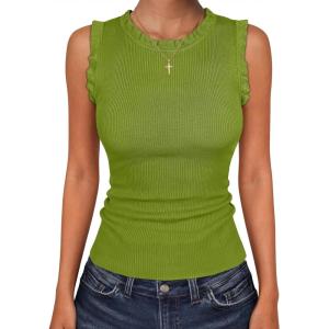 image:imageANRABESS Ribbed Tank Tops for Women Crew Neck Ruffle Sweater Vest Cute Sleeveless Shirts 2026 Summer Business Casual OutfitsGrass