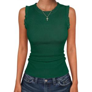 image:imageANRABESS Ribbed Tank Tops for Women Crew Neck Ruffle Sweater Vest Cute Sleeveless Shirts 2026 Summer Business Casual OutfitsGreen