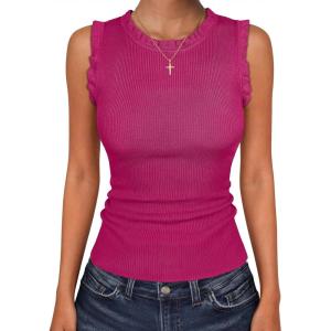 image:imageANRABESS Ribbed Tank Tops for Women Crew Neck Ruffle Sweater Vest Cute Sleeveless Shirts 2026 Summer Business Casual OutfitsHot Pink