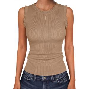image:imageANRABESS Ribbed Tank Tops for Women Crew Neck Ruffle Sweater Vest Cute Sleeveless Shirts 2026 Summer Business Casual OutfitsKhaki