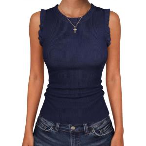image:imageANRABESS Ribbed Tank Tops for Women Crew Neck Ruffle Sweater Vest Cute Sleeveless Shirts 2026 Summer Business Casual OutfitsNavy Blue
