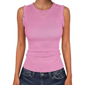 image:imageANRABESS Ribbed Tank Tops for Women Crew Neck Ruffle Sweater Vest Cute Sleeveless Shirts 2026 Summer Business Casual OutfitsPink