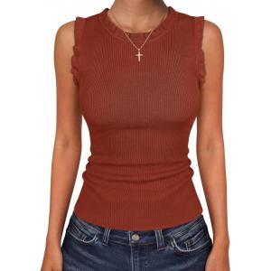 image:imageANRABESS Ribbed Tank Tops for Women Crew Neck Ruffle Sweater Vest Cute Sleeveless Shirts 2026 Summer Business Casual OutfitsRust