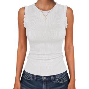image:imageANRABESS Ribbed Tank Tops for Women Crew Neck Ruffle Sweater Vest Cute Sleeveless Shirts 2026 Summer Business Casual OutfitsWhite
