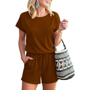 image:imageANRABESS Rompers for Women Summer 2026 Casual Dressy One Piece Tshirt Short Pants Jumpsuit Beach Vacation Outfit Clothes04 Brown