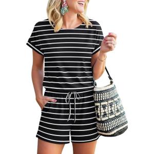 image:imageANRABESS Rompers for Women Summer 2026 Casual Dressy One Piece Tshirt Short Pants Jumpsuit Beach Vacation Outfit ClothesBlack White