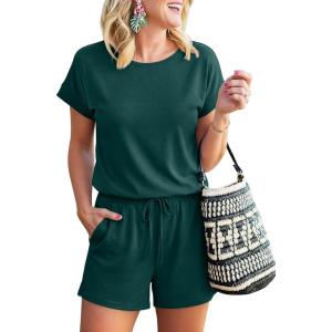image:imageANRABESS Rompers for Women Summer 2026 Casual Dressy One Piece Tshirt Short Pants Jumpsuit Beach Vacation Outfit ClothesDeep Green