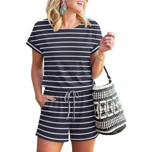 image:imageANRABESS Rompers for Women Summer 2026 Casual Dressy One Piece Tshirt Short Pants Jumpsuit Beach Vacation Outfit ClothesNavy White