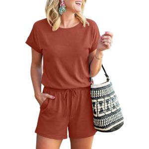 image:imageANRABESS Rompers for Women Summer 2026 Casual Dressy One Piece Tshirt Short Pants Jumpsuit Beach Vacation Outfit ClothesOrange Red