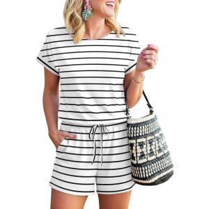 image:imageANRABESS Rompers for Women Summer 2026 Casual Dressy One Piece Tshirt Short Pants Jumpsuit Beach Vacation Outfit ClothesWhite Black