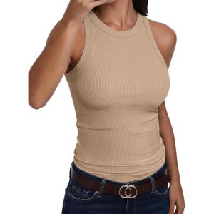 image:imageANRABESS Sleeveless Tank Tops for Women High Neck Racerback Ribbed Knit Top Summer 2026 Casual Basic Slim Fit Workout ShirtsDeep Khaki
