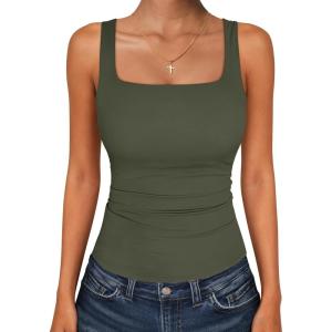 image:imageANRABESS Tank Top for Women Summer 2026 Double Lined Sleeveless Square Neck Basic Tight Workout Tees ShirtsArmy Green