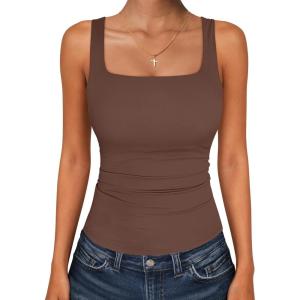 image:imageANRABESS Tank Top for Women Summer 2026 Double Lined Sleeveless Square Neck Basic Tight Workout Tees ShirtsBrown