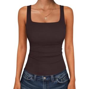 image:imageANRABESS Tank Top for Women Summer 2026 Double Lined Sleeveless Square Neck Basic Tight Workout Tees ShirtsDeep Brown