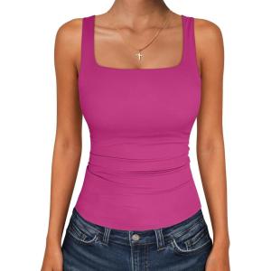 image:imageANRABESS Tank Top for Women Summer 2026 Double Lined Sleeveless Square Neck Basic Tight Workout Tees ShirtsHot Pink