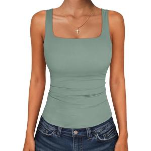 image:imageANRABESS Tank Top for Women Summer 2026 Double Lined Sleeveless Square Neck Basic Tight Workout Tees ShirtsLight Green