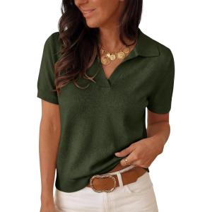 image:imageANRABESS Women Short Sleeve Sweater Wool Blend Polo V Neck Shirts Summer Dressy Top Business Casual Spring Vacation ClothesArmy Green