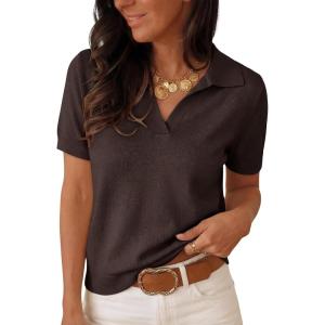 image:imageANRABESS Women Short Sleeve Sweater Wool Blend Polo V Neck Shirts Summer Dressy Top Business Casual Spring Vacation ClothesChocolate Brown