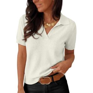 image:imageANRABESS Women Short Sleeve Sweater Wool Blend Polo V Neck Shirts Summer Dressy Top Business Casual Spring Vacation ClothesCream White