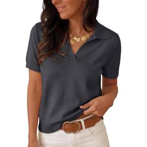 image:imageANRABESS Women Short Sleeve Sweater Wool Blend Polo V Neck Shirts Summer Dressy Top Business Casual Spring Vacation ClothesDark Gray