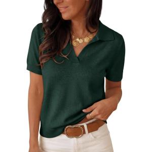 image:imageANRABESS Women Short Sleeve Sweater Wool Blend Polo V Neck Shirts Summer Dressy Top Business Casual Spring Vacation ClothesDark Green