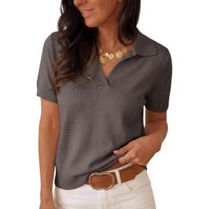 image:imageANRABESS Women Short Sleeve Sweater Wool Blend Polo V Neck Shirts Summer Dressy Top Business Casual Spring Vacation ClothesDrak Taupe