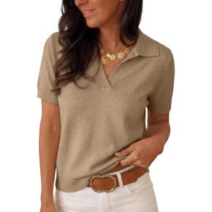 image:imageANRABESS Women Short Sleeve Sweater Wool Blend Polo V Neck Shirts Summer Dressy Top Business Casual Spring Vacation ClothesKhaki