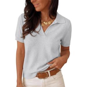 image:imageANRABESS Women Short Sleeve Sweater Wool Blend Polo V Neck Shirts Summer Dressy Top Business Casual Spring Vacation ClothesLight Grey